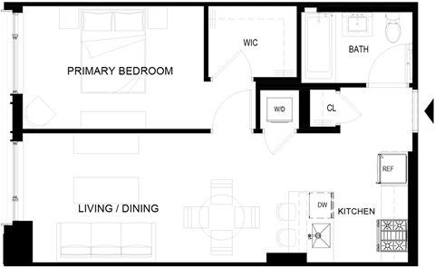 Floor plan for 1 bed, 1 bath, 573 sqft